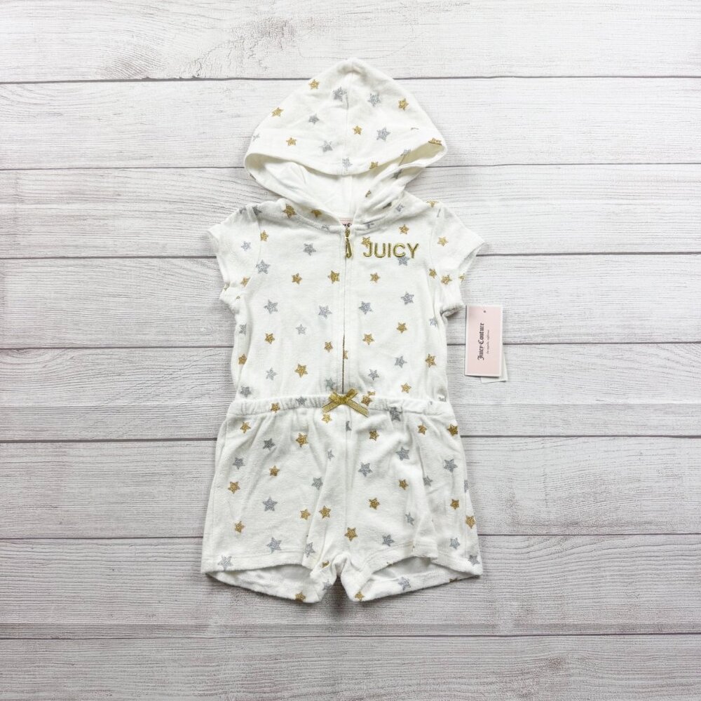 Juicy Couture Toddler Girl Terry Romper Hoodie Star Print Zip Up NWT 3T